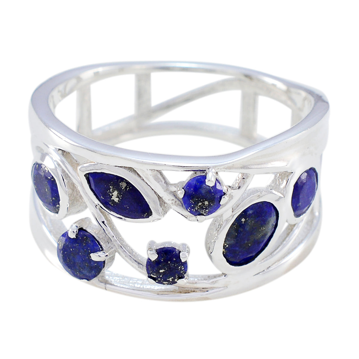 Nora blue gemstone filigree ring with multiple deep blue stones set in silver intricate band
