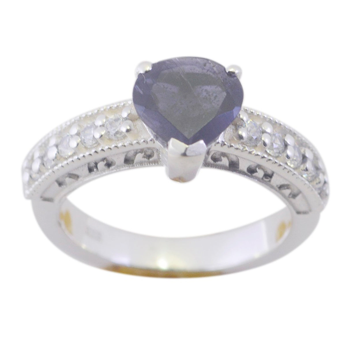 Renata Blue Gemstone Halo Ring with Silver Band Iolite Blue