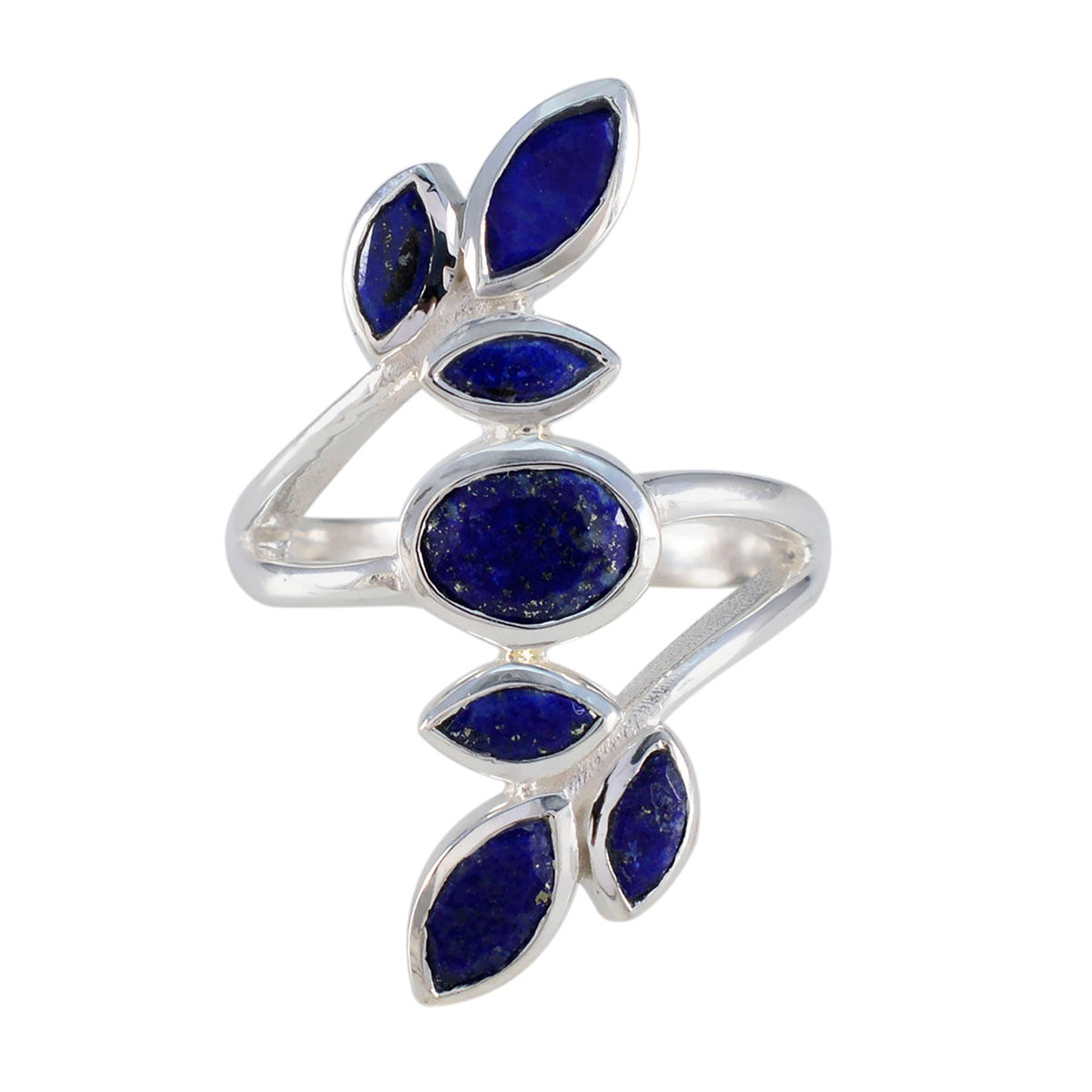 Angel blue gemstone leaf ring with silver band featuring deep blue oval and marquise stones