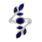 Angel blue gemstone leaf ring with silver band featuring deep blue oval and marquise stones