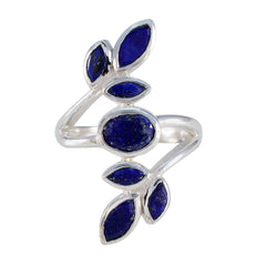 Angel blue gemstone leaf ring with silver band featuring deep blue oval and marquise stones