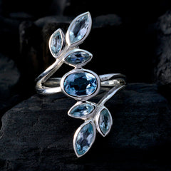 Ananya blue gemstone leafy ring with multiple marquise and oval blue stones set in silver