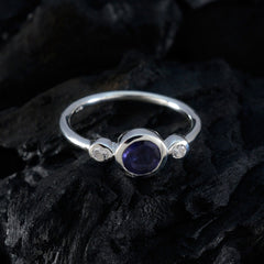 Sakura silver blue gemstone ring for women with round center stone and two smaller side stones