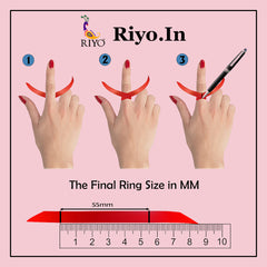 Step-by-step guide to measure finger for ring size using red tape and ruler for blue gemstone ring for women