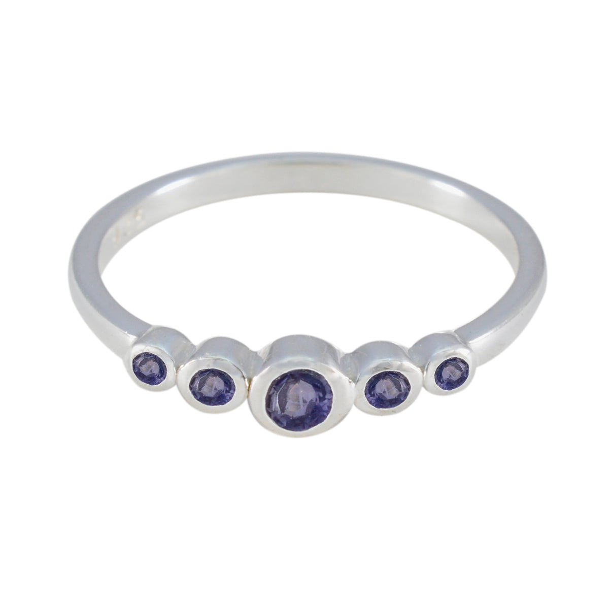 Ying sterling silver band blue gemstone ring for women featuring five bezel set round blue stones