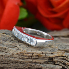 Sara sterling silver ring with rectangular blue stones in channel setting on curved band blue gemstone ring for women