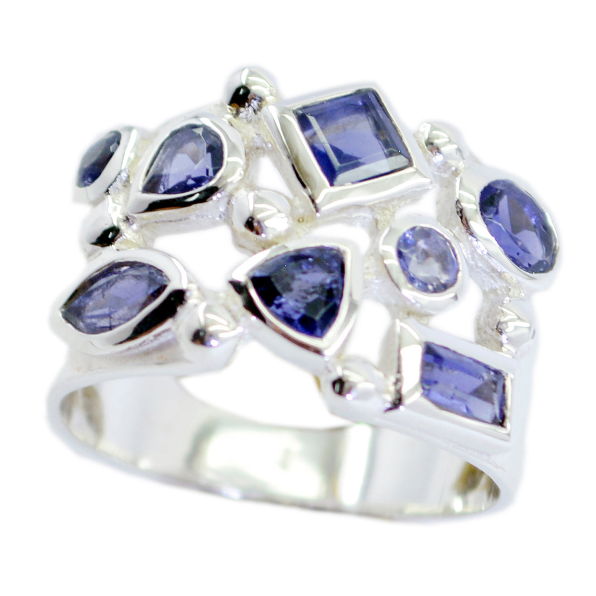 Camila silver ring featuring multiple blue gemstone ring cuts including pear, square, oval, and triangle shapes