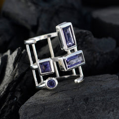 Bella sterling silver geometric ring with rectangular square and round blue gemstones blue gemstone signet ring