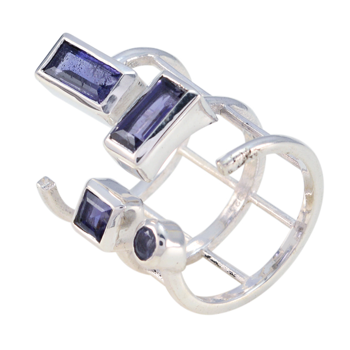 Bella silver ring with three baguette blue stones and open band modern blue gemstone signet ring