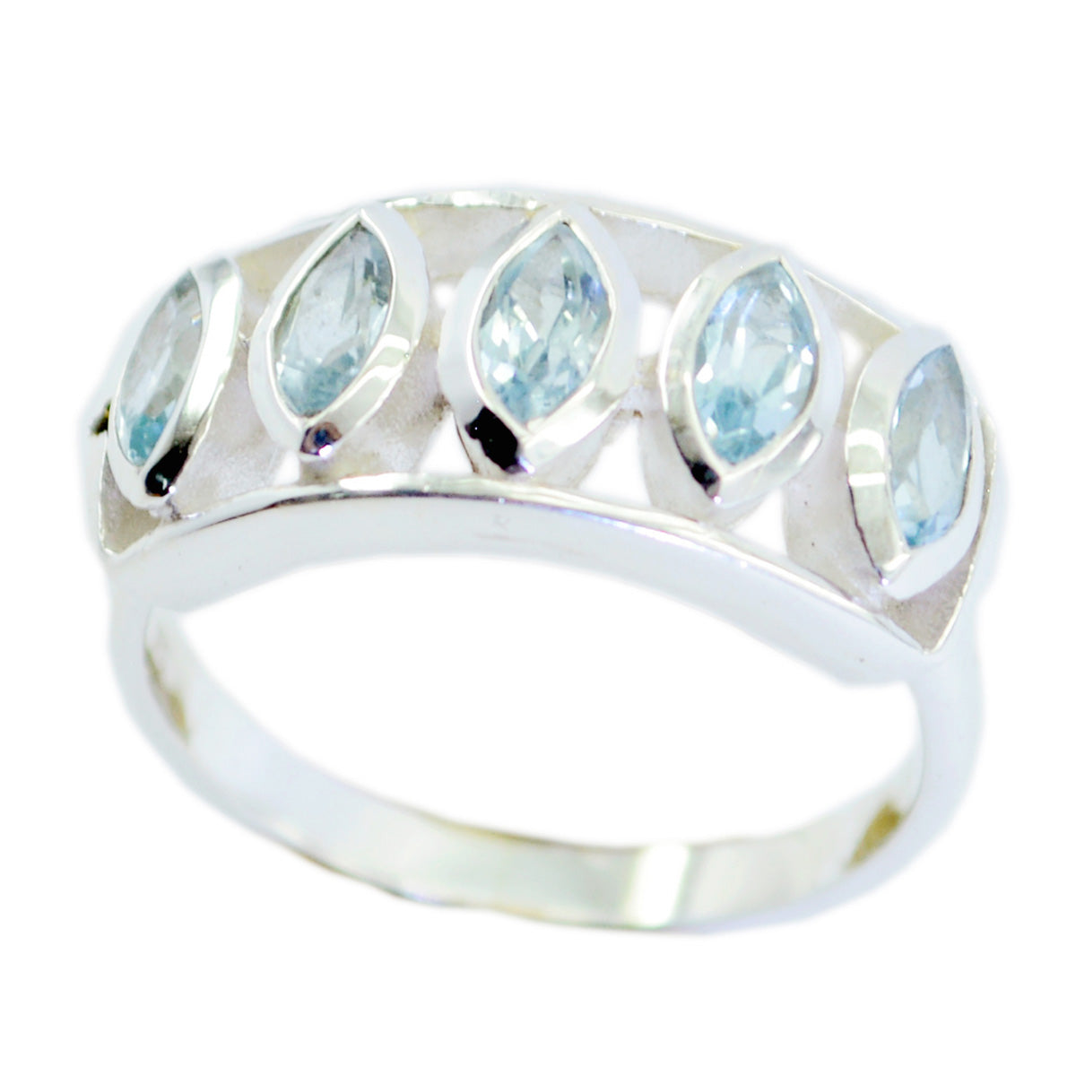 Daniela blue gemstone silver ring with five marquise-cut light blue stones in a polished silver band