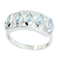 Daniela blue gemstone silver ring with five marquise-cut light blue stones in a polished silver band