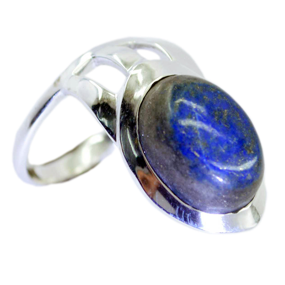 Silver ring with a blue gemstone solitaire ring featuring an oval polished stone and elegant band design
