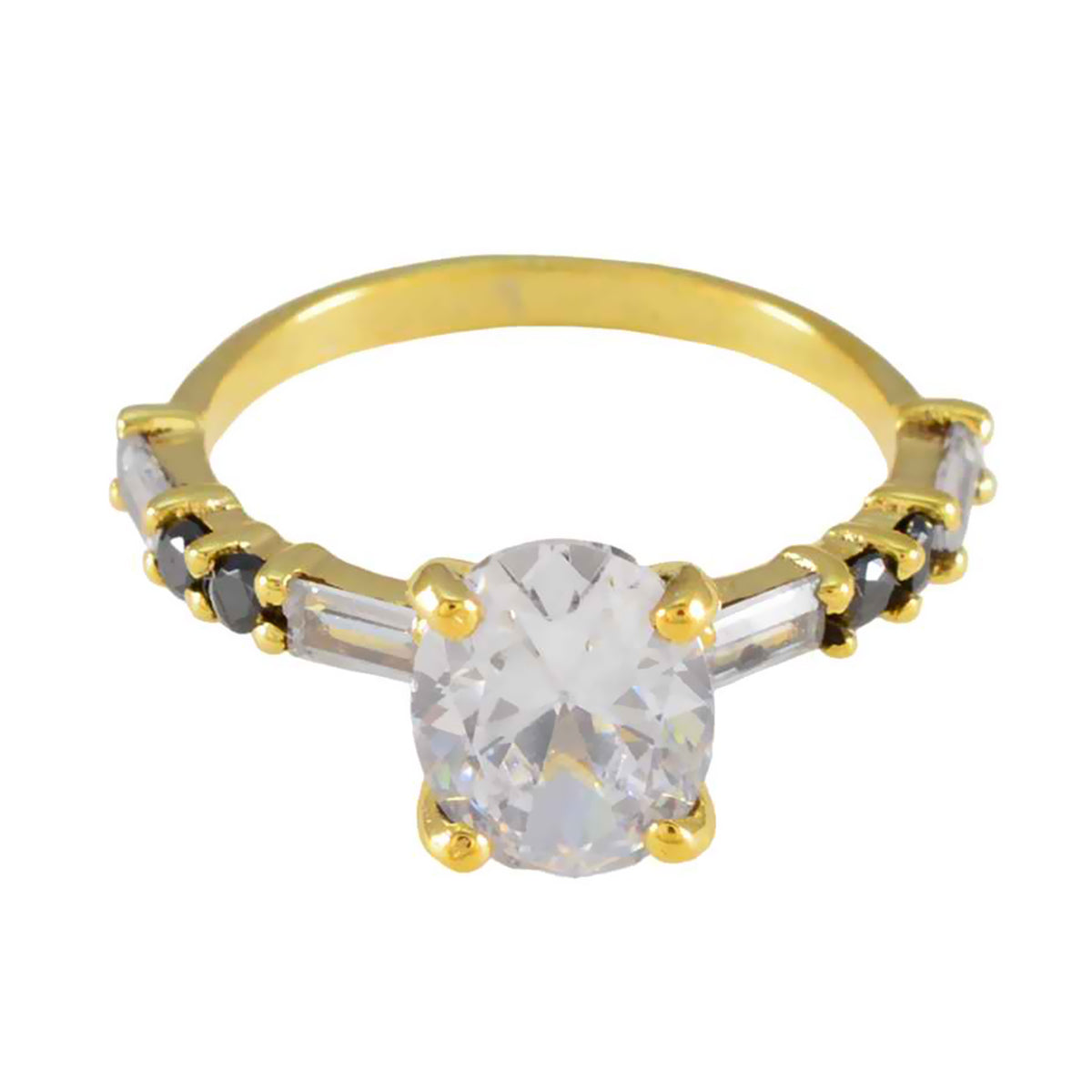 Riya gold ring with clear center stone and black side stones blue gemstone statement ring