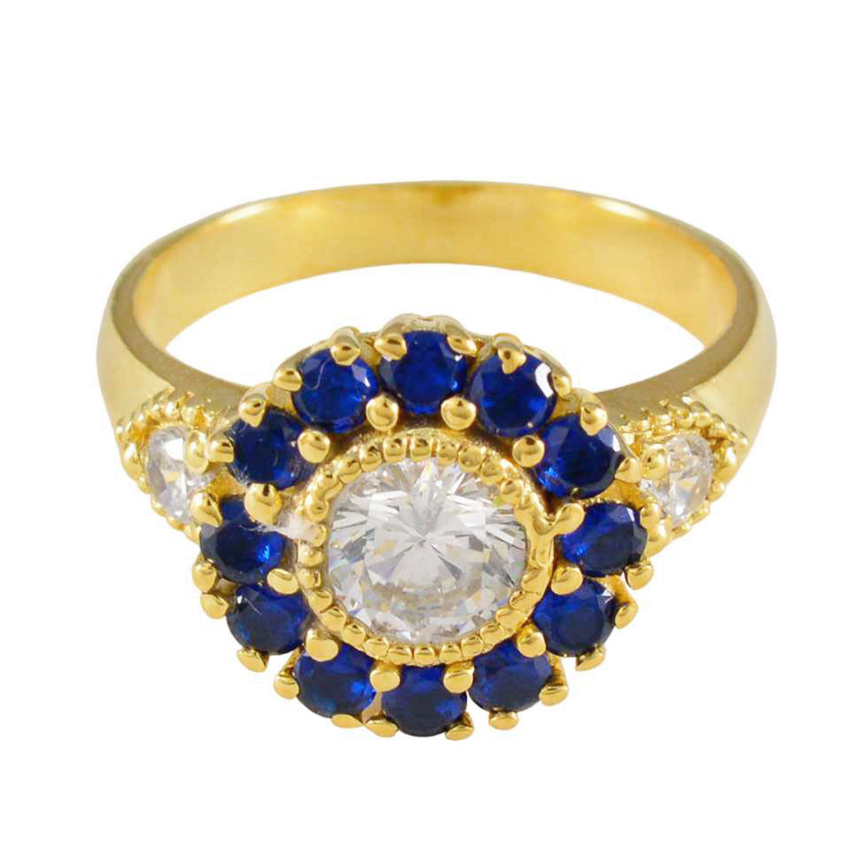 Isabella blue gemstone statement ring with gold band and clear center stone surrounded by blue gems