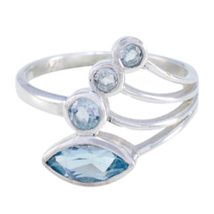 Dewi silver split shank ring with marquise and three round aquamarine stones blue gemstone statement ring