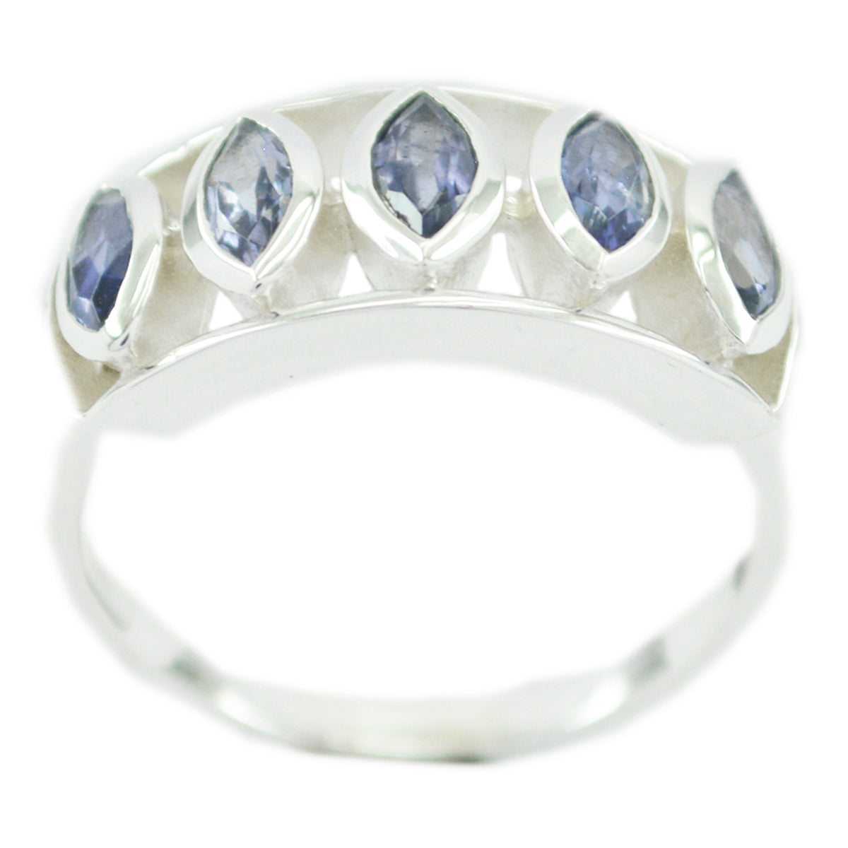 Mathilde blue gemstone statement ring with five marquise-cut blue gemstones set in silver band