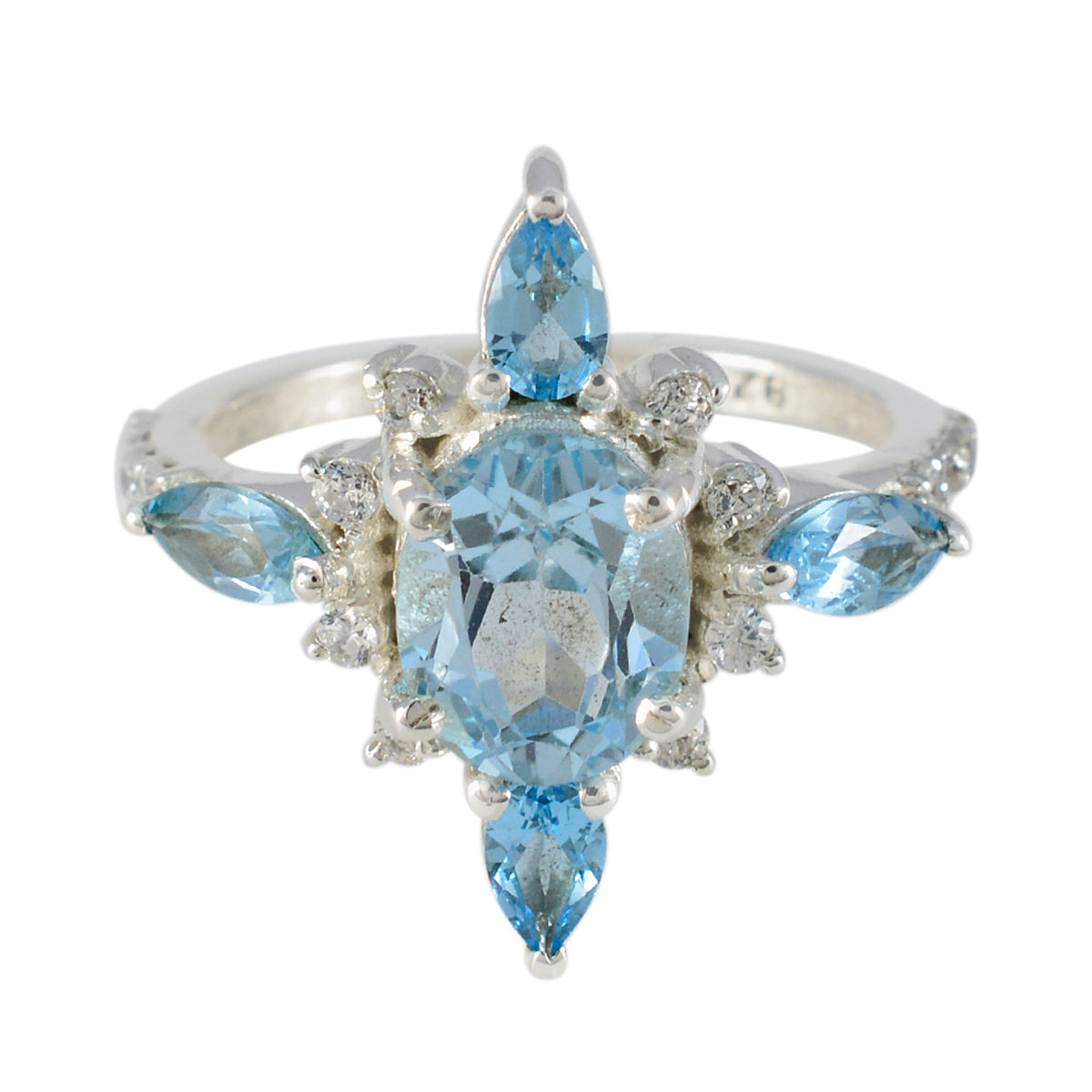 Marie blue gemstone statement ring with oval and marquise cut blue stones and silver band