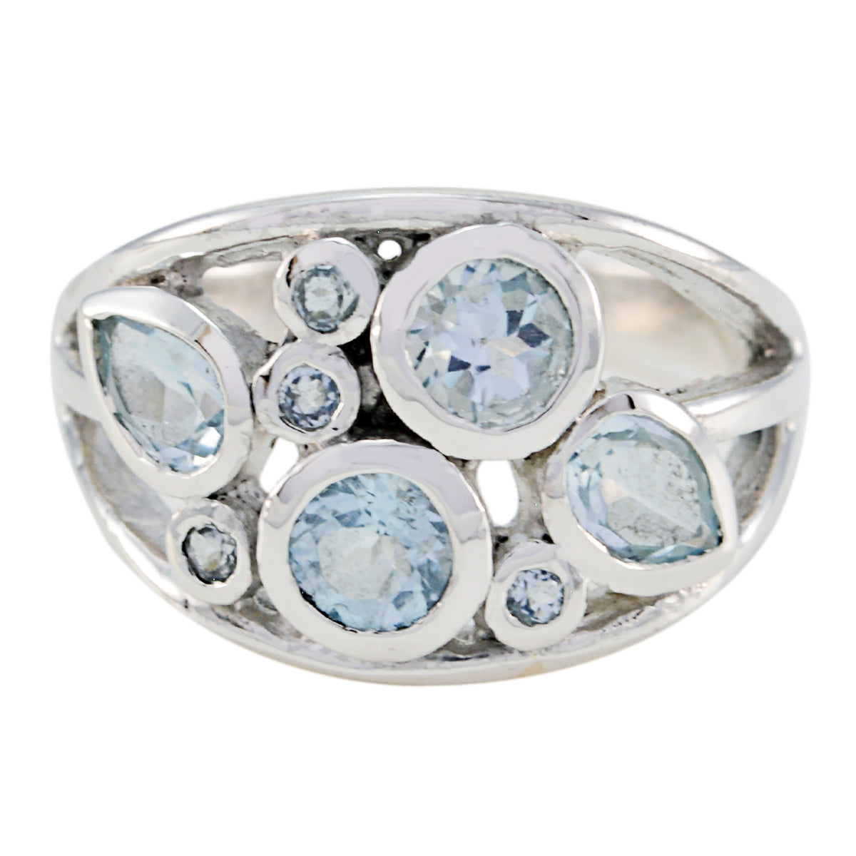 Teresa silver cocktail ring with multiple round and pear aquamarine stones blue gemstone statement ring for elegant evening wear