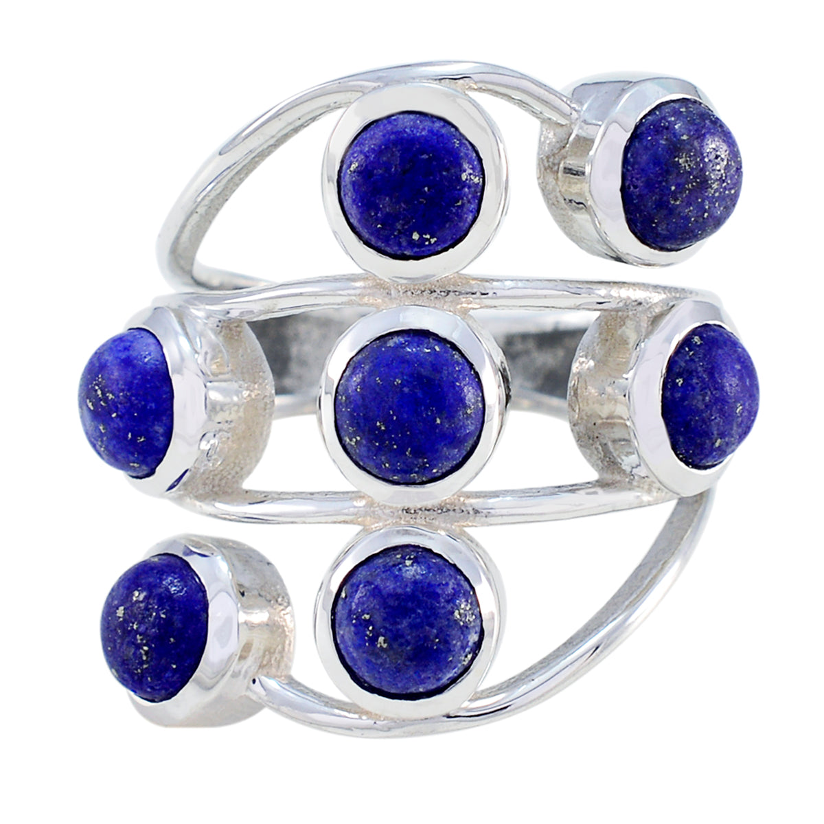 Andrea blue gemstone statement ring with multiple round blue stones set in silver band