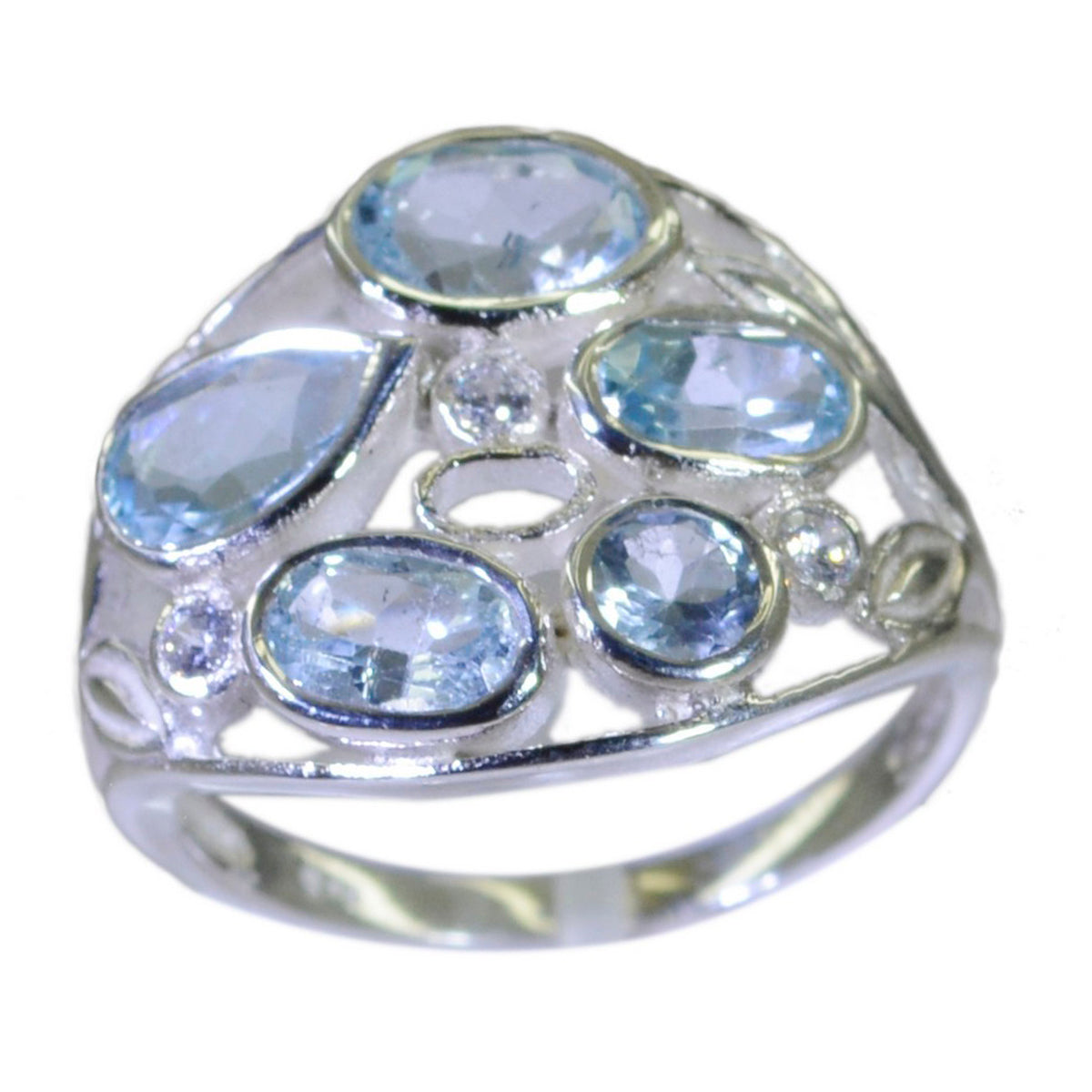 Julieta blue gemstone statement ring with multiple oval and round blue stones in silver setting