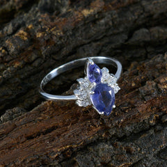 Eun-ji blue gemstone toi et moi ring with two pear-shaped blue stones and small clear accents on silver band