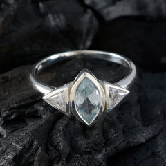 Chen blue gemstone trilogy ring with marquise center stone and triangular side stones on silver band