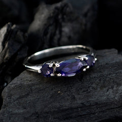 Eunji blue gemstone trilogy ring in sterling silver with three faceted marquise blue stones