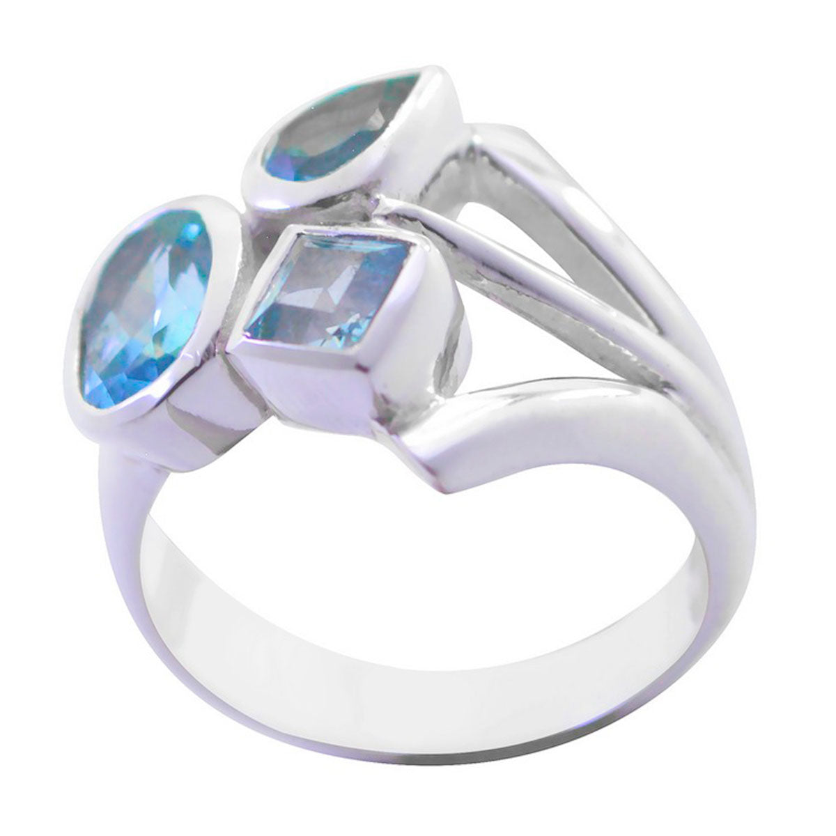 Julieta sterling silver ring with mixed cut blue gemstones and split shank design blue gemstone trilogy ring