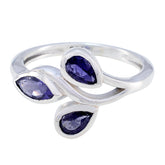 Micaela silver blue gemstone trilogy ring with three pear-shaped blue gemstones