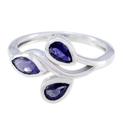 Micaela silver blue gemstone trilogy ring with three pear-shaped blue gemstones