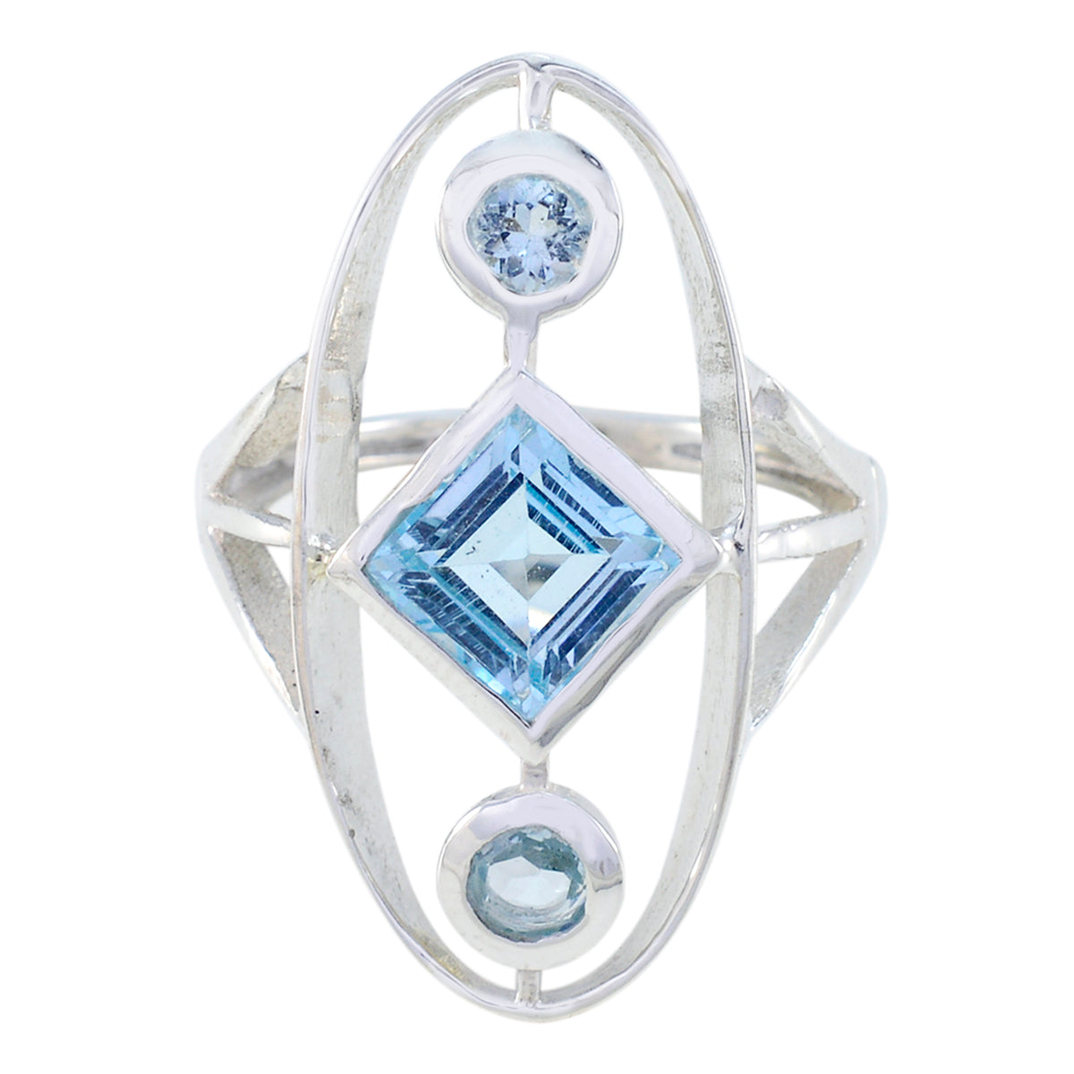 Leah blue gemstone trilogy ring with round and square blue stones set in silver band