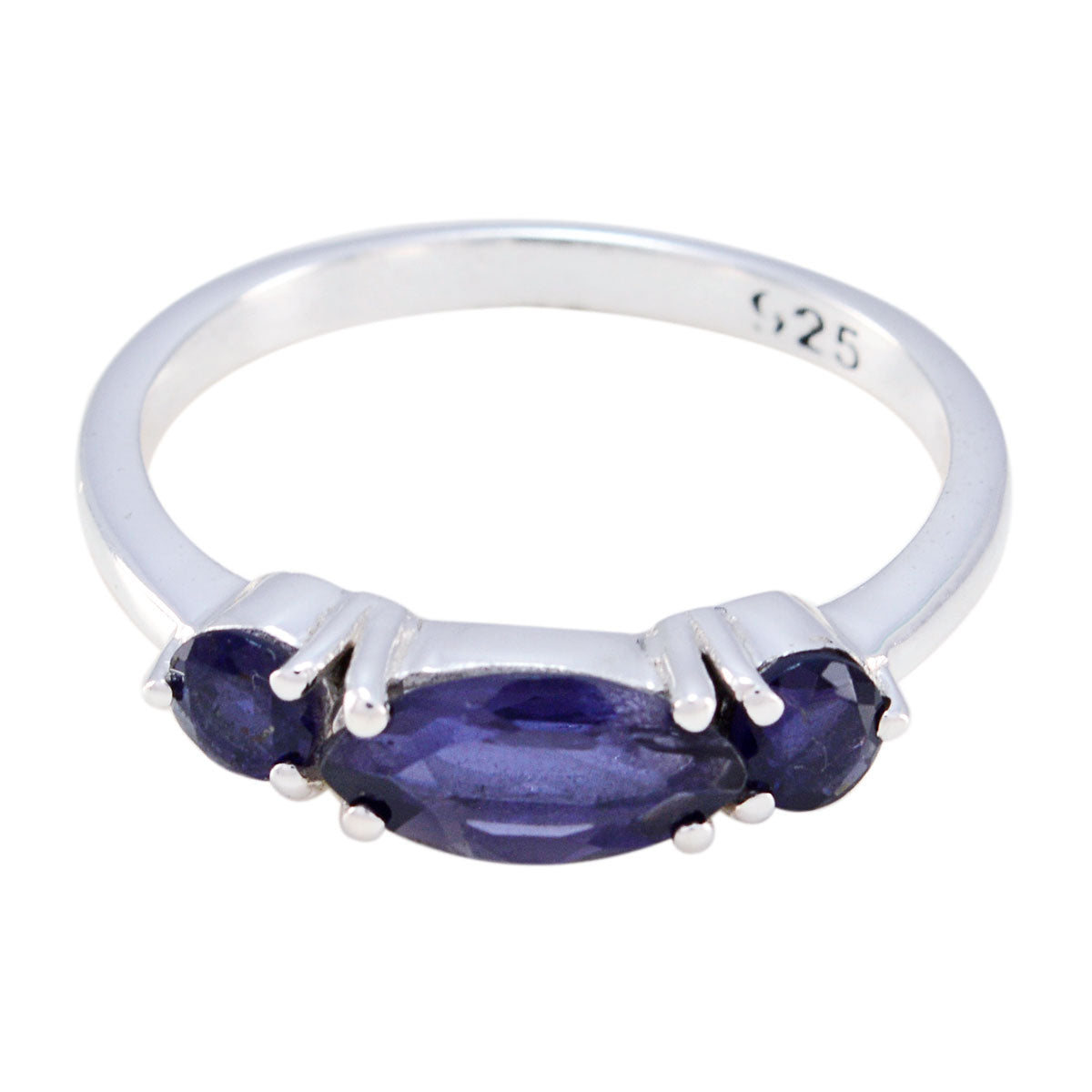 Eun ji sterling silver blue gemstone trilogy ring with marquise center and two round side stones