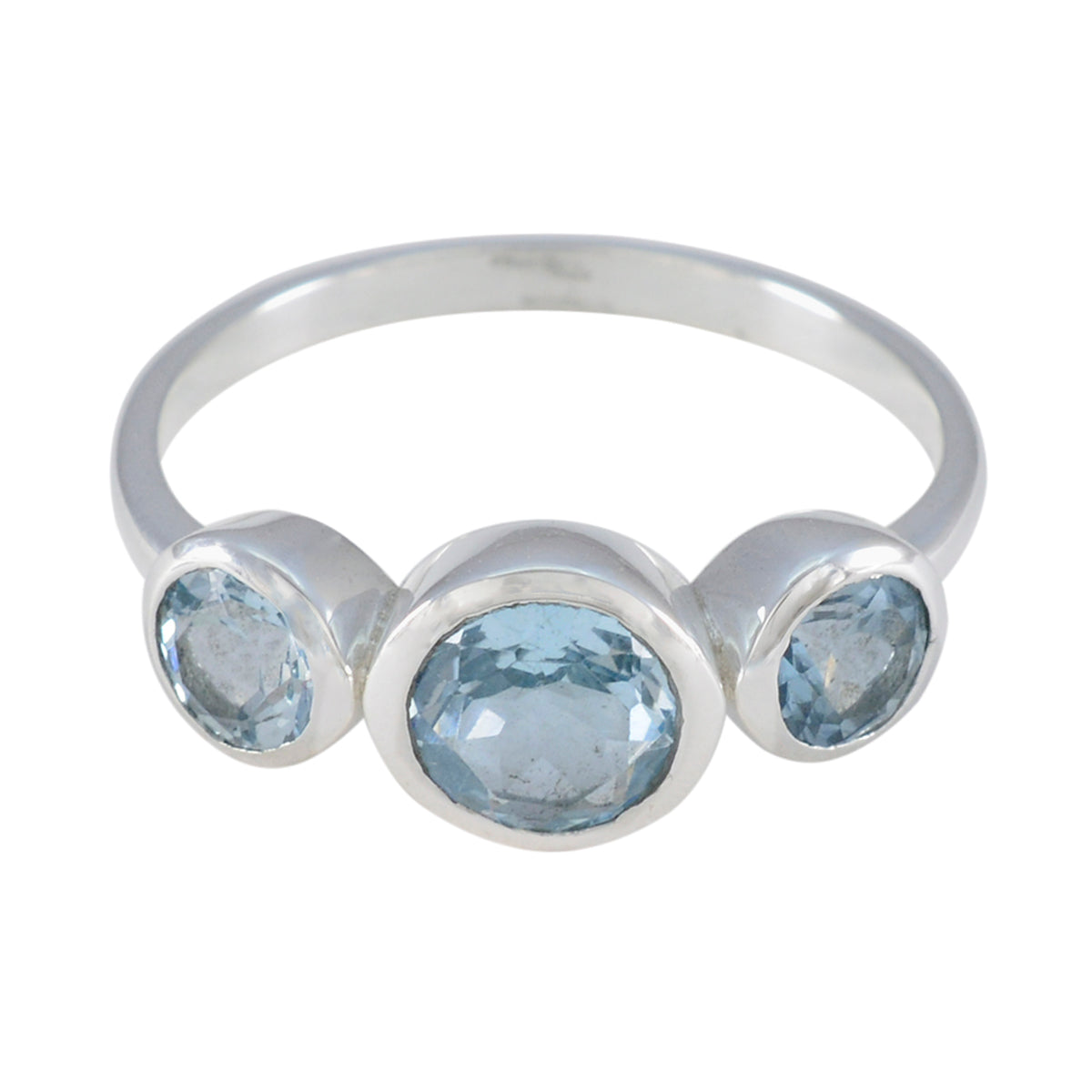 Natcha sterling silver blue gemstone trilogy ring with oval center and two round side stones