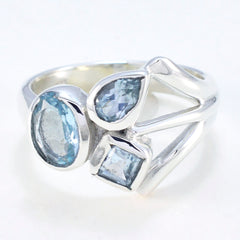 Julieta silver blue gemstone trilogy ring with oval pear and square cut stones in split shank band