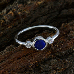 Seo yeon sterling silver blue gemstone trilogy ring with bezel set deep blue center and two small round diamonds