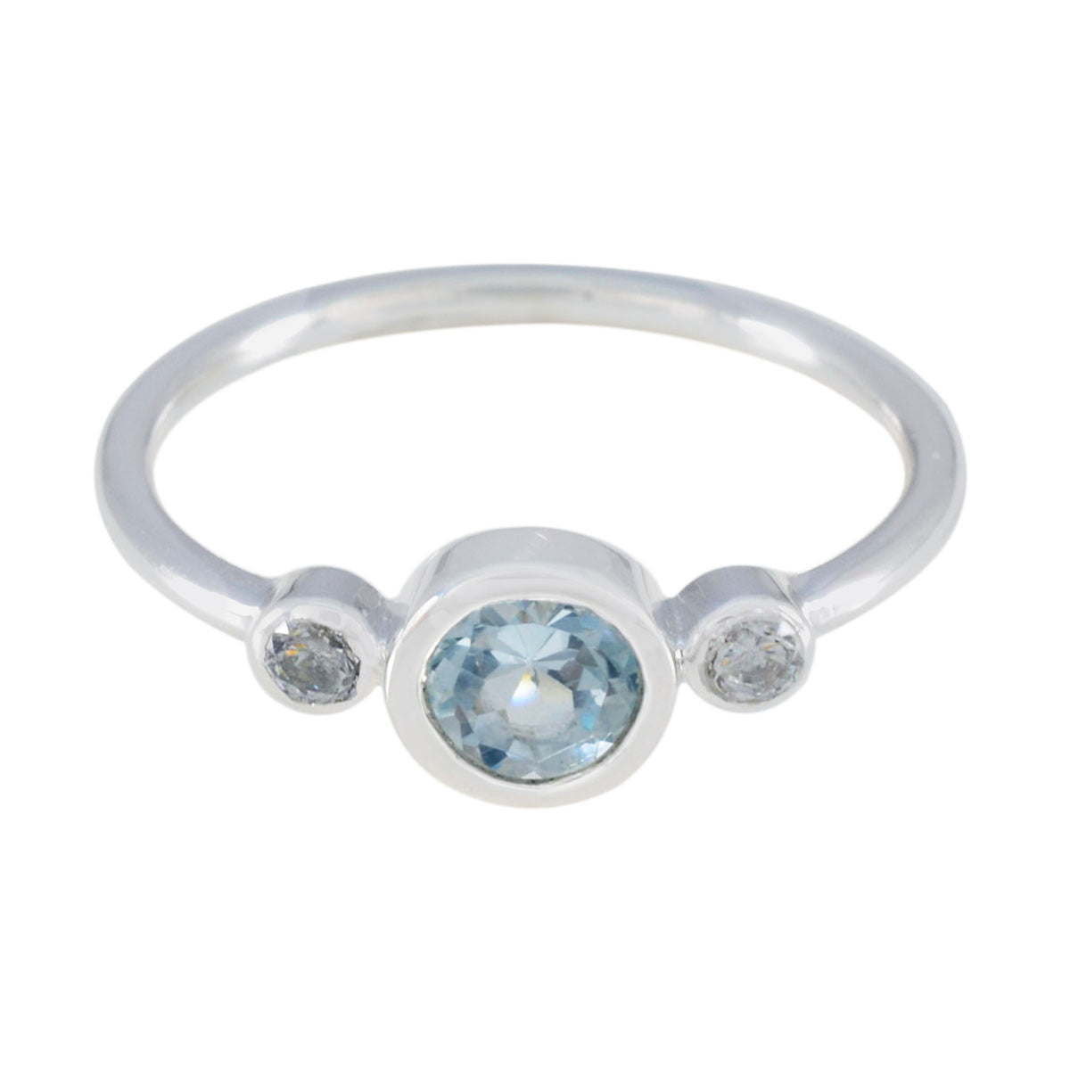 Nari silver blue gemstone trilogy ring with one central blue stone and two clear side stones