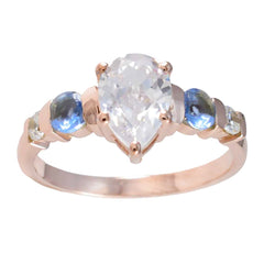 Sofia rose gold ring with pear shaped clear center stone and two blue cabochon side stones blue gemstone wedding ring