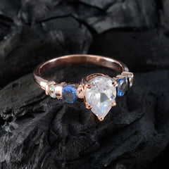 Sofia rose gold ring with pear cut center stone and sapphire accents blue gemstone wedding ring