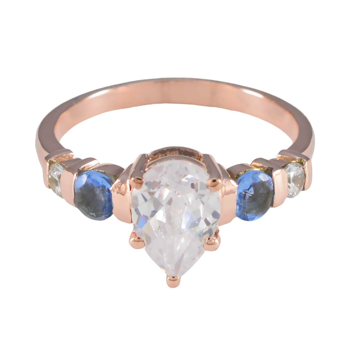 Sofia rose gold ring with pear shaped clear center stone and round blue side stones blue gemstone wedding ring