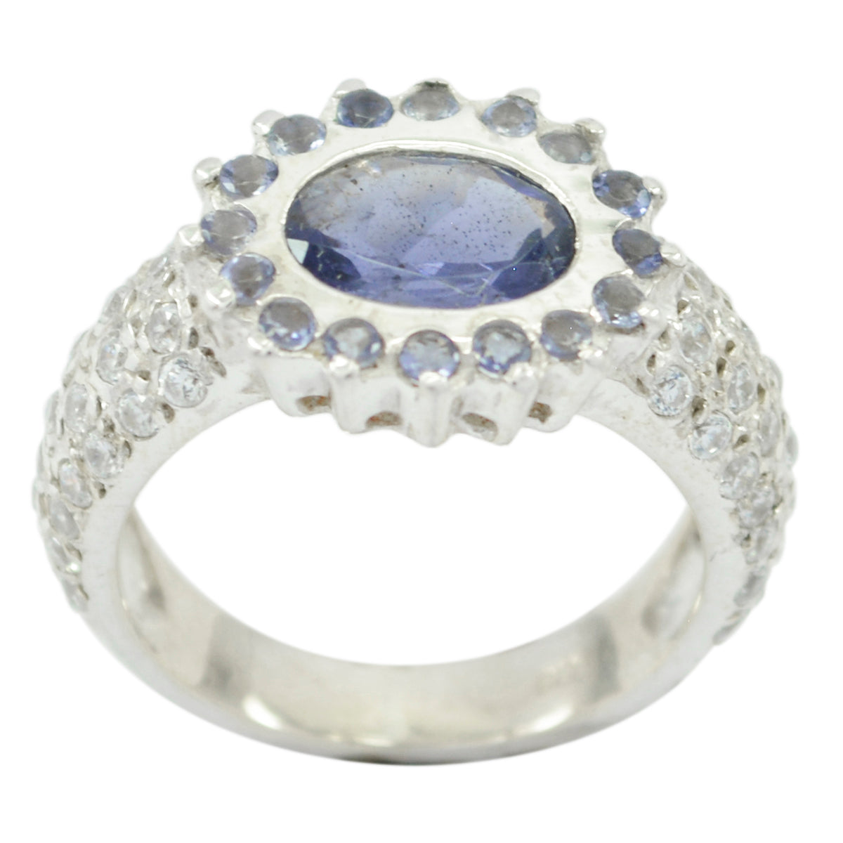 Lucia blue halo engagement ring with oval blue center stone and surrounding smaller blue gems