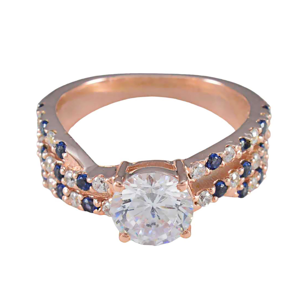 Florencia blue halo engagement ring with rose gold band and sapphire accents