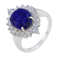 Maria blue halo gemstone ring with round lapis center and clear halo stones on silver band