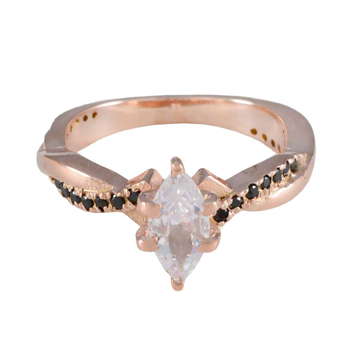 Angel rose gold ring with marquise clear gemstone and black stones band design