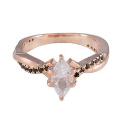 Angel rose gold ring with marquise clear gemstone and black stones band design