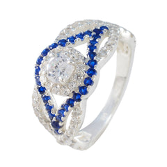 Isabella elegant silver blue halo ring with round clear and blue gemstones