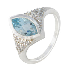 Cecilia blue halo ring for women with marquise blue gemstone and silver band with small crystals
