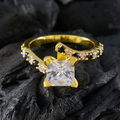 Ines blue halo ring for women with gold band and square clear center stone