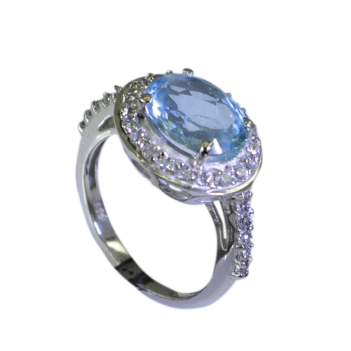 Ayaka blue halo ring for women with oval blue gemstone and pave diamond halo on polished silver band