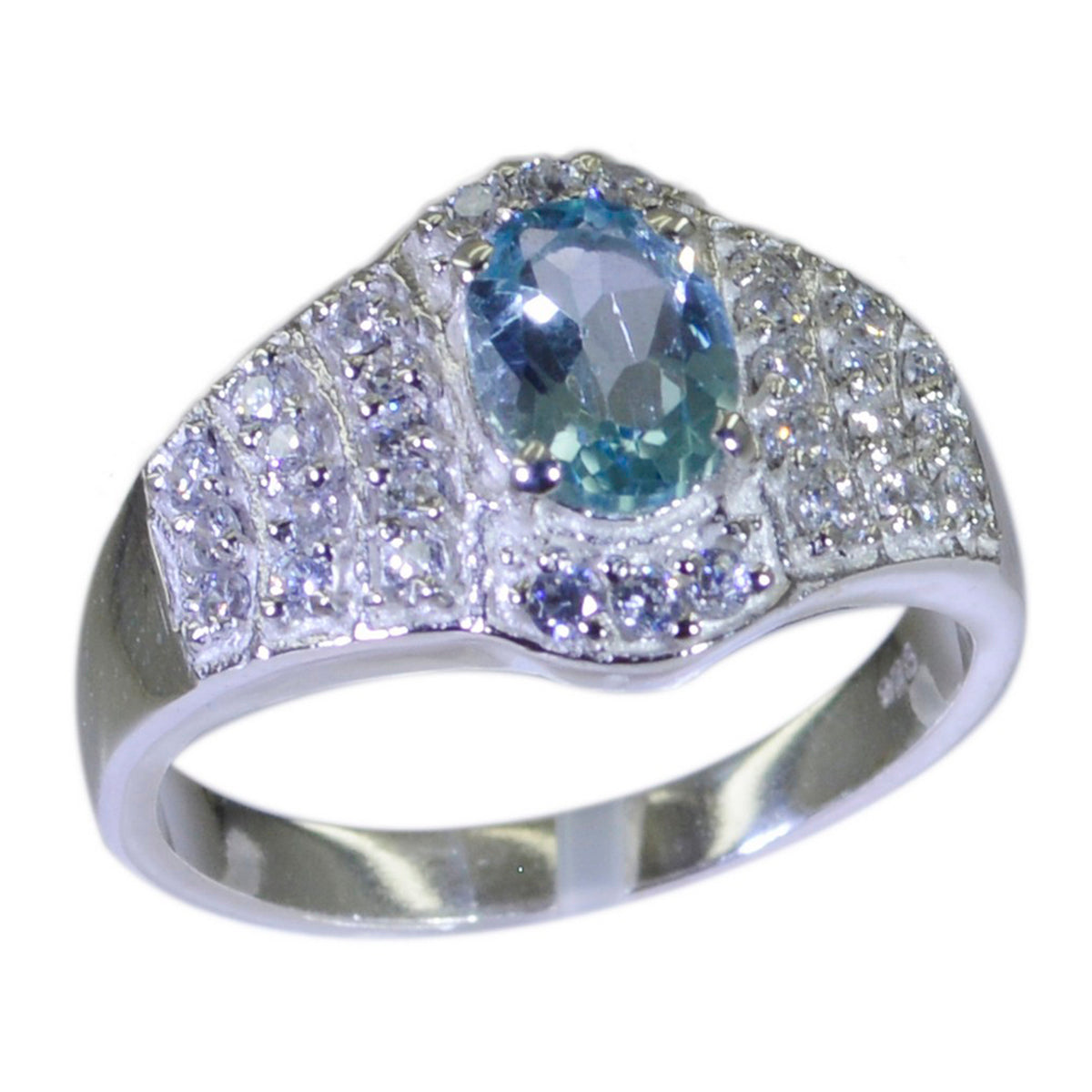 Kristine silver blue halo ring for women with oval blue gemstone and surrounding clear stones