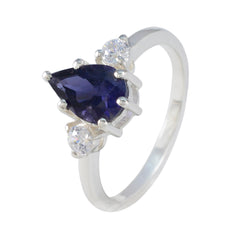 Ananya sterling silver pear shaped ring with deep blue center and two side stones blue halo ring for women